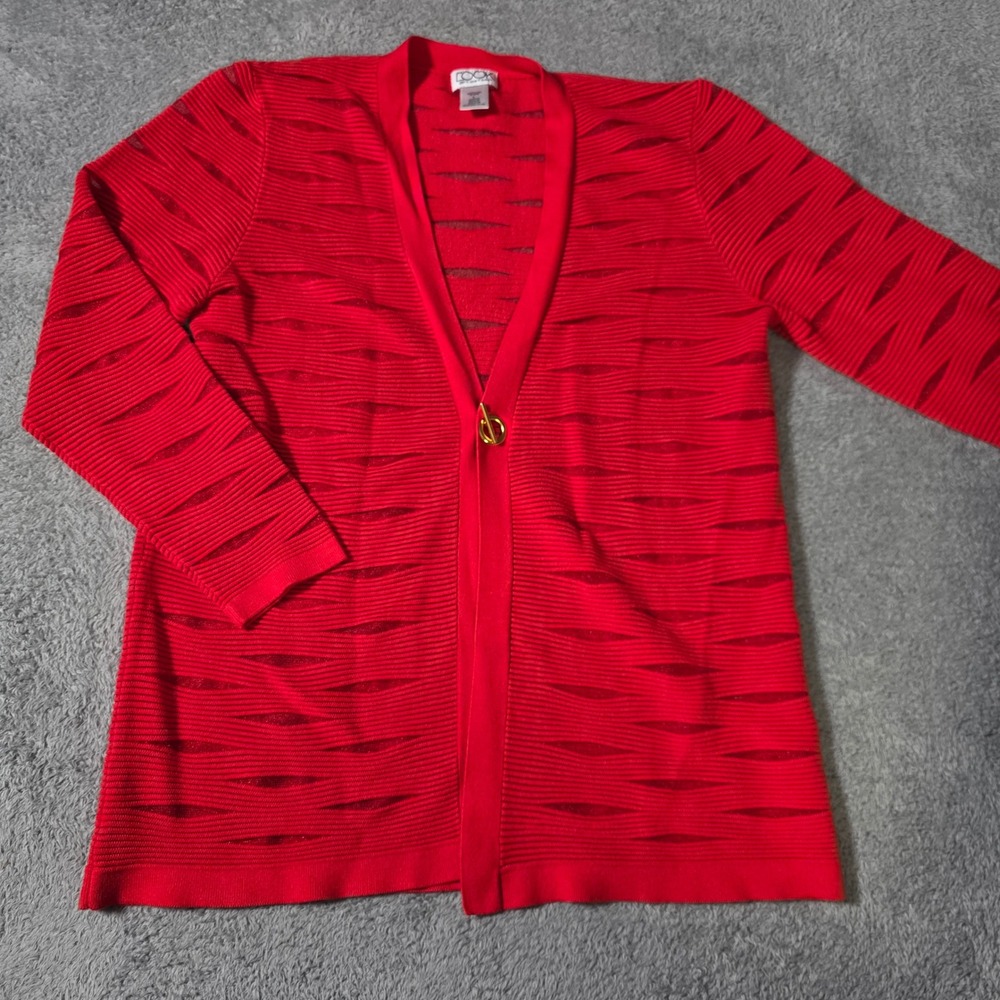 The‎ Look Womens L Cardigan Red Textured Open Knit Toggle Closure V-Neck 3/4 Slv